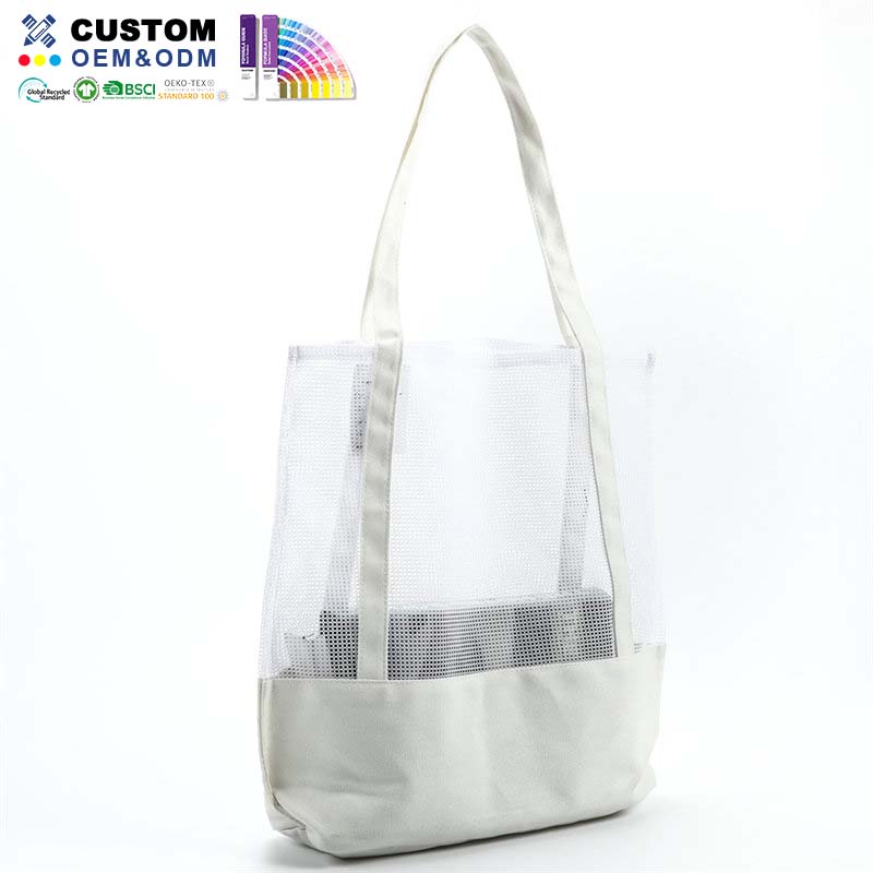 Witte canvas strandtas met polyester gaas